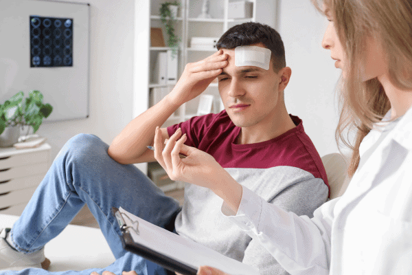 Young man with head injury consulting a healthcare professional at clinic.